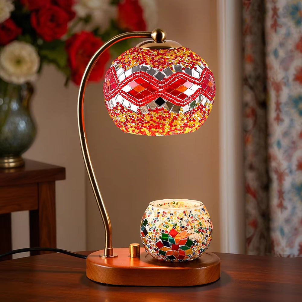 Turkish Mosaic Glass Table Lamp with Candle Holder