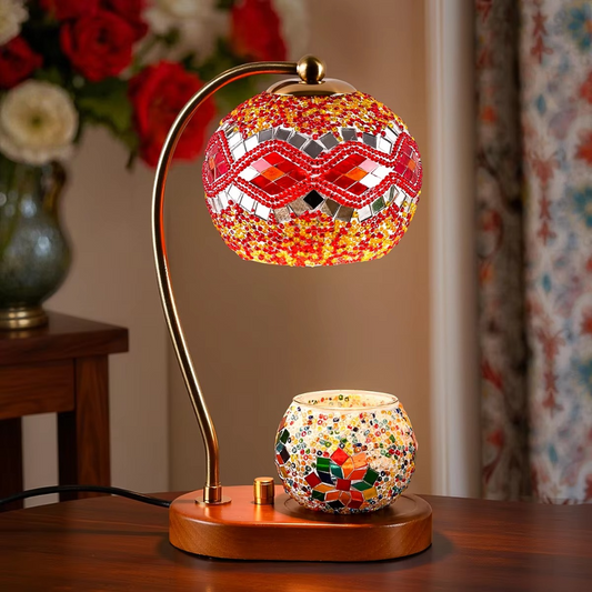 Turkish Mosaic Glass Table Lamp with Candle Holder