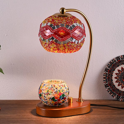 Turkish Mosaic Glass Table Lamp with Candle Holder