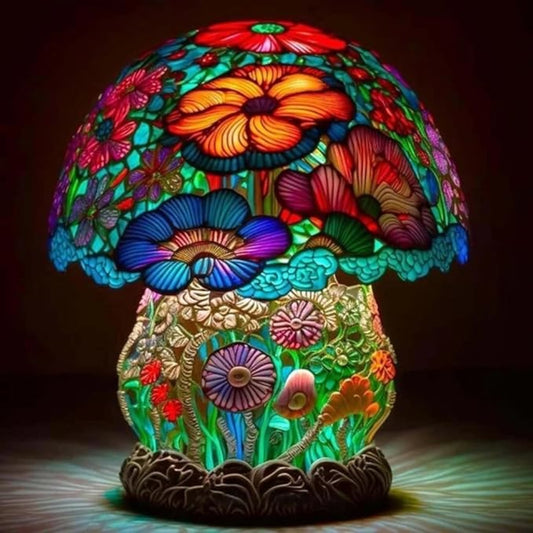 Colorful floral-patterned lamp on a dark background